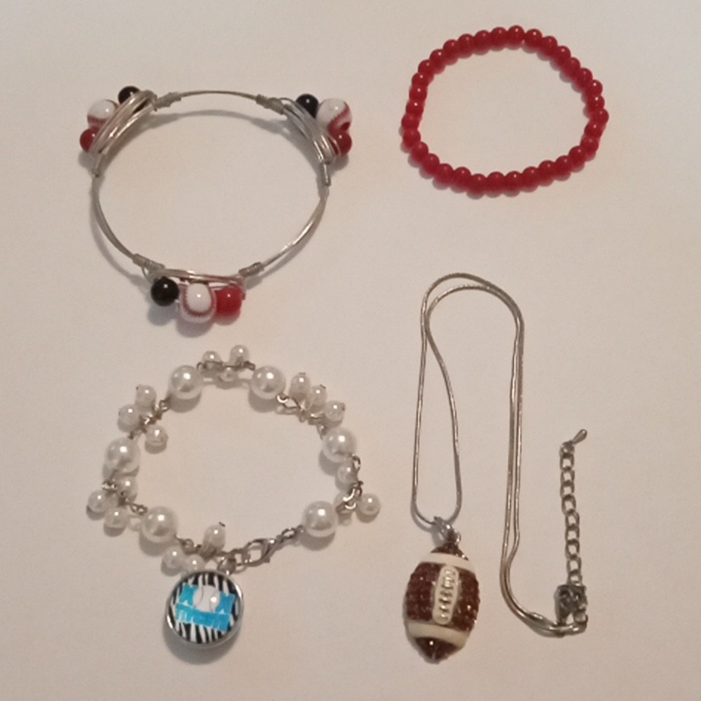 #755.  4 Piece Sports Themed Baseball & Football Necklace & Bracelet Bundle